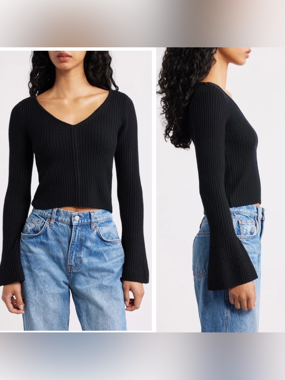NWT Madewell Black Ribbed V-Neck Sweater Top in Merino Wool, NW830, Size XL